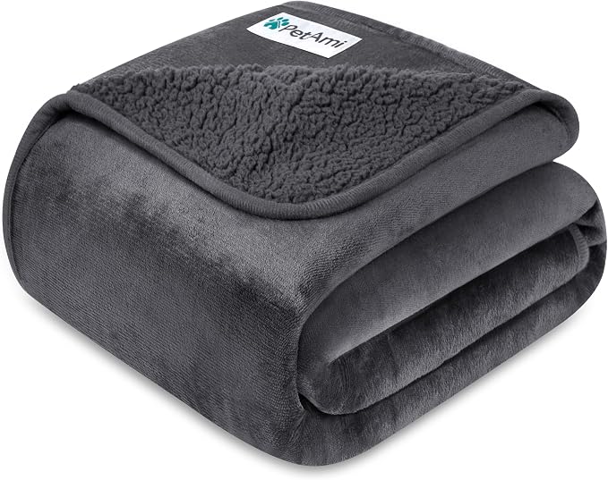 PetAmi Premium Waterproof Dog Blanket for Small Medium Dogs, Reversible Sherpa & Flannel Fleece, Leakproof Pet Throw for Couch Protection, Soft Plush Furniture Protector for Cats, Washable, 24x32 Grey