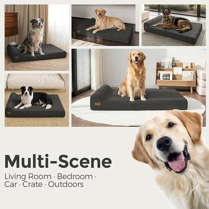 Sytopia 7" Thick Orthopedic Dog Beds for Extra Large Dogs (50" x 34" x 10"), Chew Proof Fabric Cover, 35D Memory Foam Dog Beds with Durable Waterproof Liner & Removable Washable Cover, Black