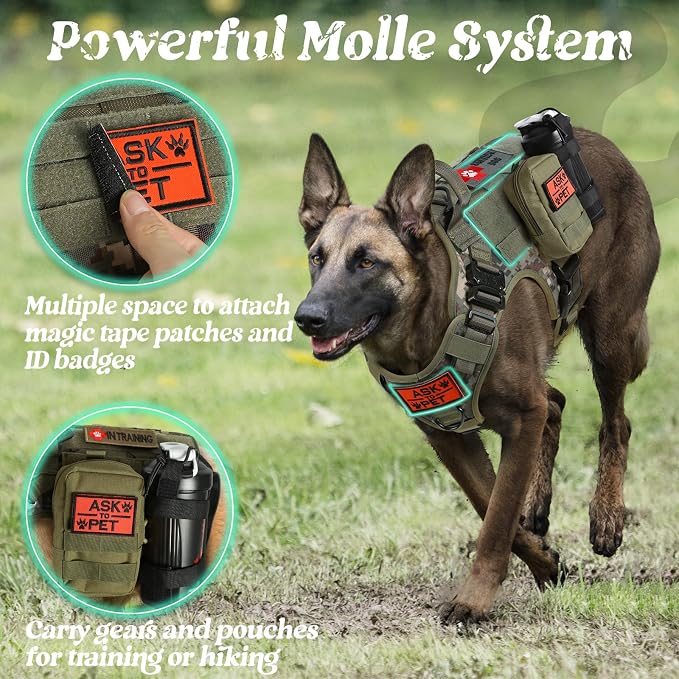 rabbitgoo Tactical Dog Harness for Large, Heavy Duty Pet Harness with Handle, No-Pull Service Vest Large Breed, Adjustable Military Dog Vest for Training Hunting Walking, Green Camo, L