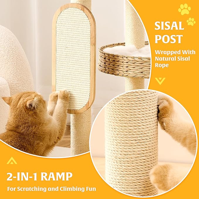 HITTITE Modern Cat Tree Tower with Scratching Post, 47 Inches Tall Cat Towers with Scratching Ball & Pad, Multi-Level Cat Tree with Rattan Bed and Removable Cushions for Indoor Cats Large Adult.