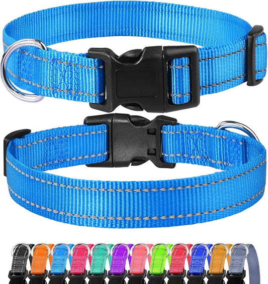 FunTags Length 14" - 20" Reflective Sky Blue Dog Collar for Medium Dogs – Night Walking & Training Safety, Durable Quick Release Buckle, Nylon, Comfortable Adjustable, Width 1"