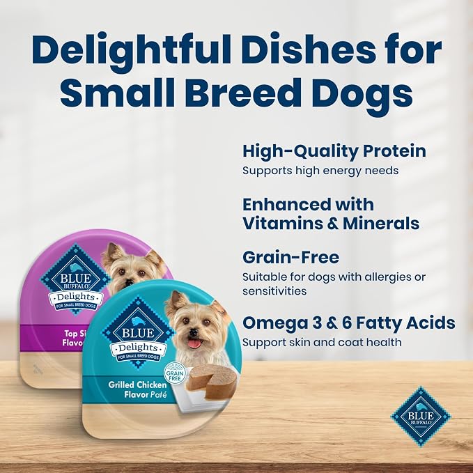 Blue Buffalo Delights Variety Pack Natural Grain Free Wet Dog Food for Small Breed Dogs (Top Sirloin Flavor Paté and Grilled Chicken Flavor Paté) with Natural Ingredients, 3.5-oz. Each (12 Cups)