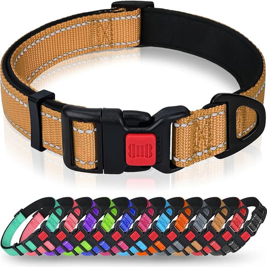 Taglory Reflective Dog Collar for Extra Large Dogs, Soft Neoprene Padded with Escape-Proof Locking Buckle, Upgraded Zinc Alloy Ring, Adjustable for Daily Walking, Tan,XL