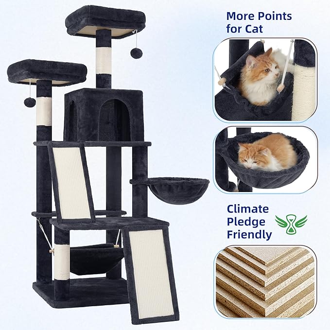 Gitelsnour Multi-Level Cat Tree for Indoor Cats, Cat Tower with 2 Scratching Boards, 2 Plush Padding Platforms, Cat Condo House with Hammock, Basket, Smoky Gray GCT022G