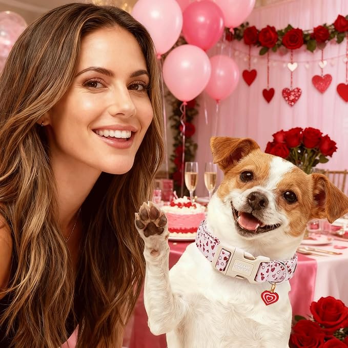 Elegant little tail Valentine's Dog Collar - Pink Heart Dog Collars Cotton Soft Puppy Adjustable Pet Collars with Sturdy Quick Release Buckle for X-Small Dogs