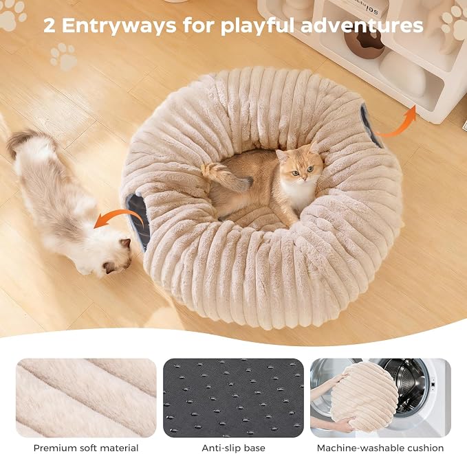 Avont Cat Tunnel Bed for Indoor Cats, Plush Fluffy Kitten Donut Tunnel 3 Shape to Play, Large Kitty Circle Tunnel Under Christmas Tree, Cat Play Toys Gift Ideas -Latte Short-Pile