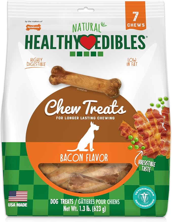 Nylabone Healthy Edibles Natural Dog Chews, Long Lasting Bones for Dogs, Bacon Flavor Dog Treats, Medium (7 Count)
