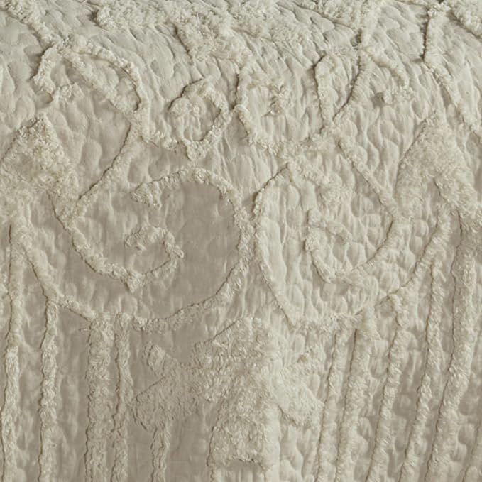 Lorenza Pure Cotton Chenille Bedding | Neutral Ecru | Soft Tufted Scrollwork, Floral, and Stripe Designs | Solid Color 3-Piece Quilted Bed Set includes Oversized California King Quilt and 2 King Shams