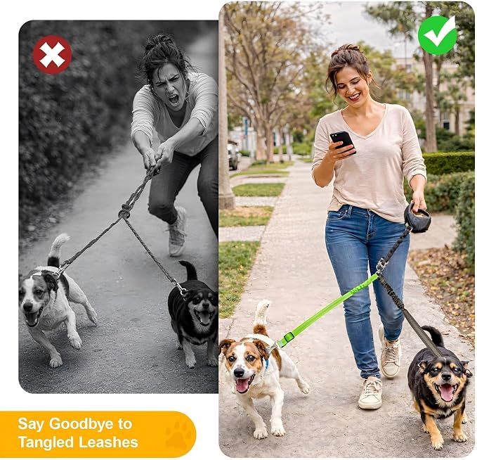 Double Dog Leash for Two Dogs, Professional No Tangle 360° Swivel Coupler with Shock Absorbing Bungee, Adjustable Length Dual-Sided Reflective Two Dogs Lead Splitter for Small Medium Large Dog