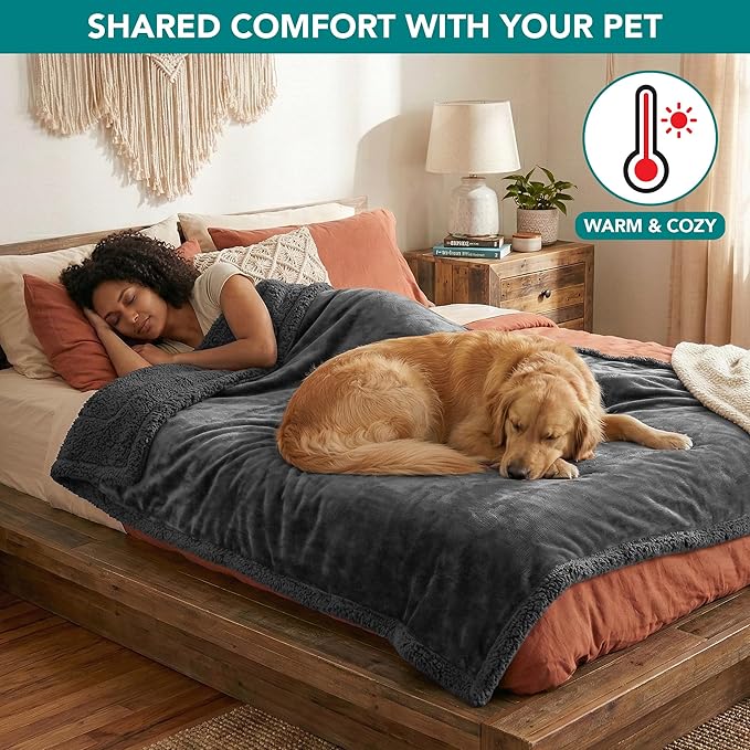 PetAmi Waterproof Dog Blanket for Couch, Extra Large 80x60, Pee Proof Sherpa Fleece Reversible Pet Throw, Furniture Protector for Bed Sofa Crate Kennel, Soft Washable Cover for Dog Cat, Grey Sherpa