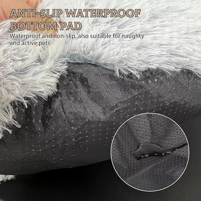 Cat Bed Round Fluffy Hooded Cat Bed Cave, Anti-Anxiety Cave Bed with Hooded Blanket, Cozy Cuddler Luxury Puppy Pet Bed, Anti-Slip Bottom and Machine Washable (Grey, Medium)