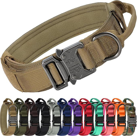Joytale Tactical Dog Collar with Handle and Metal Buckle, Heavy Duty Padded Military Collar with 2 Patches for Training, Adjustable for Large Dogs, Khaki, L