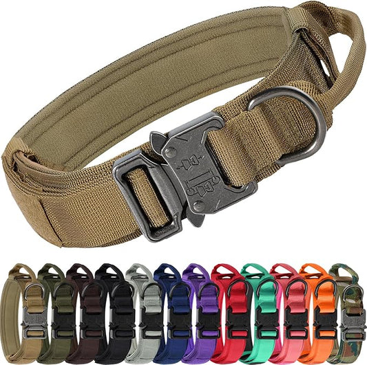 Joytale Tactical Dog Collar with Handle and Metal Buckle, Heavy Duty Padded Military Collar with 2 Patches for Training, Adjustable for XLarge Dogs, Khaki, XL