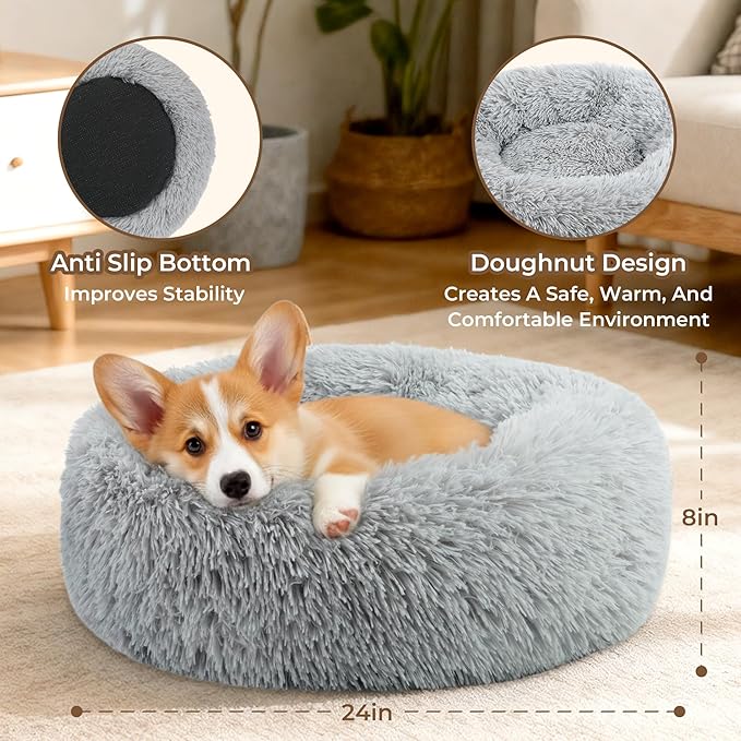 Calming Donut Dog Bed for Small Dogs, Anti-Anxiety Round Washable Plush Fluffy Faux Fur Large Cat Bed, 24 inches Fits up to 20 lbs Pets, Anti-Slip Waterproof Mute Base Gray