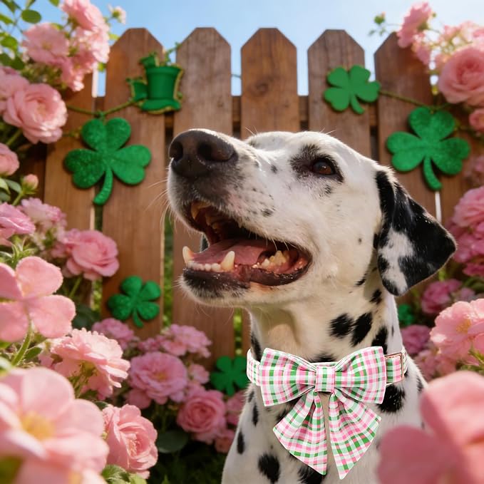 Maca Bates Plaid Dog Collar with Sailor Bow Tie,Cherry Pink Green Gingham Pattern for Medium Girl Boy Dogs,Adjustable Durable Soft Collars Irish Gift for Male Female Puppy