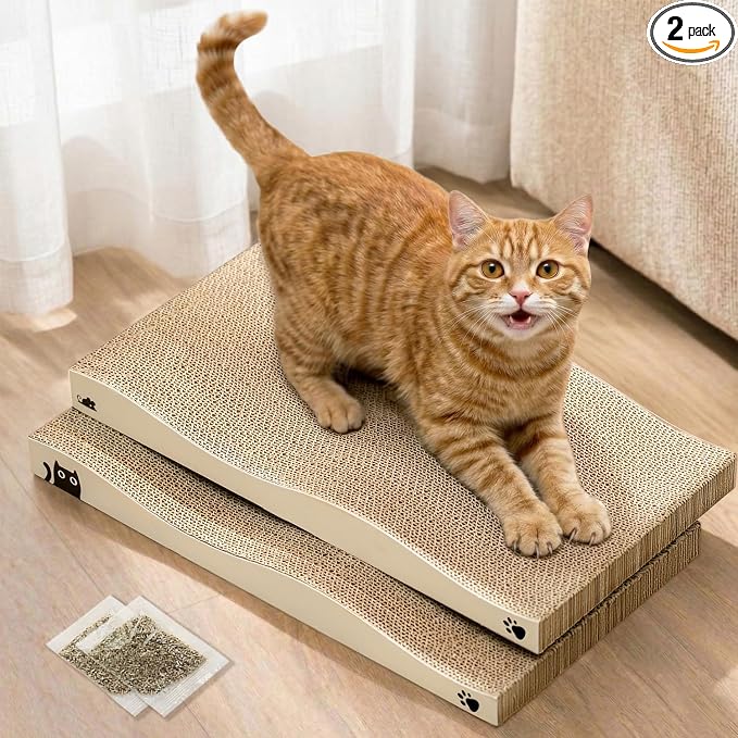 Cat Scratcher, Durable Scratch Pad, Corrugated Cardboard Scratching Board for Indoor Cats, Heavy Duty, Double-Sided Usability, Recyclable, with Catnip, 2 Pack