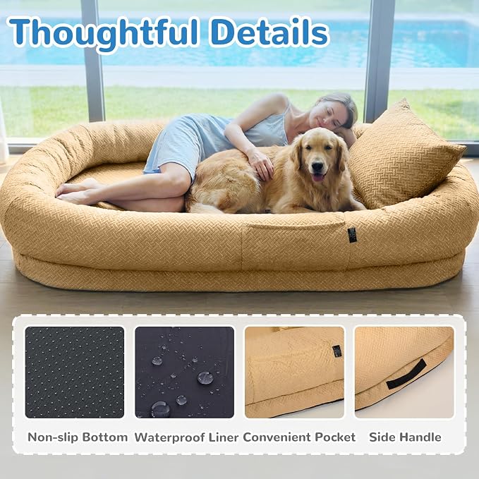 YAEM Cooling Human Dog Bed, 71"x45"x12" Breathable Human Size Dog Bed for Adults, Waterproof Giant Pet Beds with Washable Cover & Non-Skid Bottom, Dune Brown