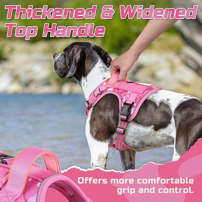 rabbitgoo Tactical Dog Harness for Large Dogs, No Pull Military Service Vest with Handle & Molle, Easy Control for Training Walking, Adjustable Reflective Straps, Pink Camo, S