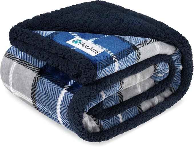 PetAmi Waterproof Dog Blanket for Couch, Pee Proof Sherpa Fleece Reversible Pet Throw, Furniture Protector for Bed Sofa Kennel, Soft Washable Cover for Small Medium Dog Puppy Cat, 29x40 Plaid Blue