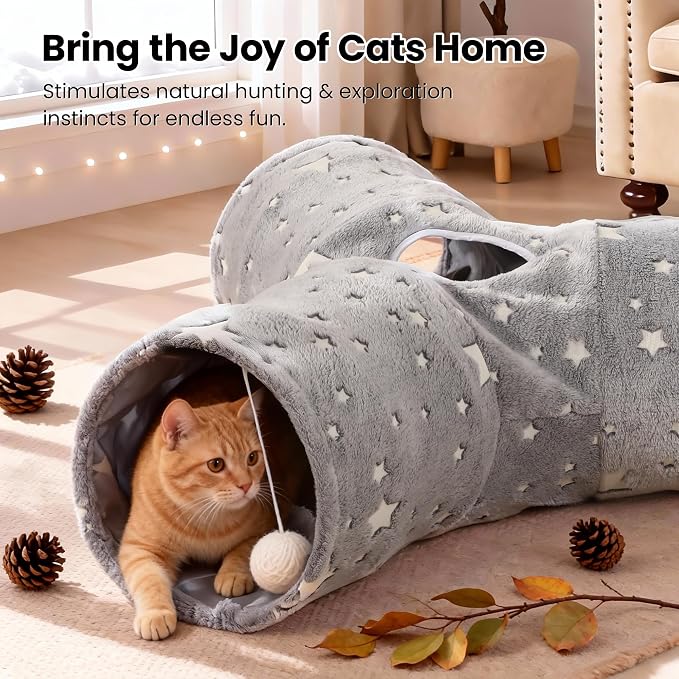Tempcore 3-Way Collapsible Cat Tunnel Toy with Self-Luminous Tube & Teaser Wand, Peek Holes & Hanging Ball, Photoluminescence Play Tunnel for Indoor Cats, Puppy, Rabbit