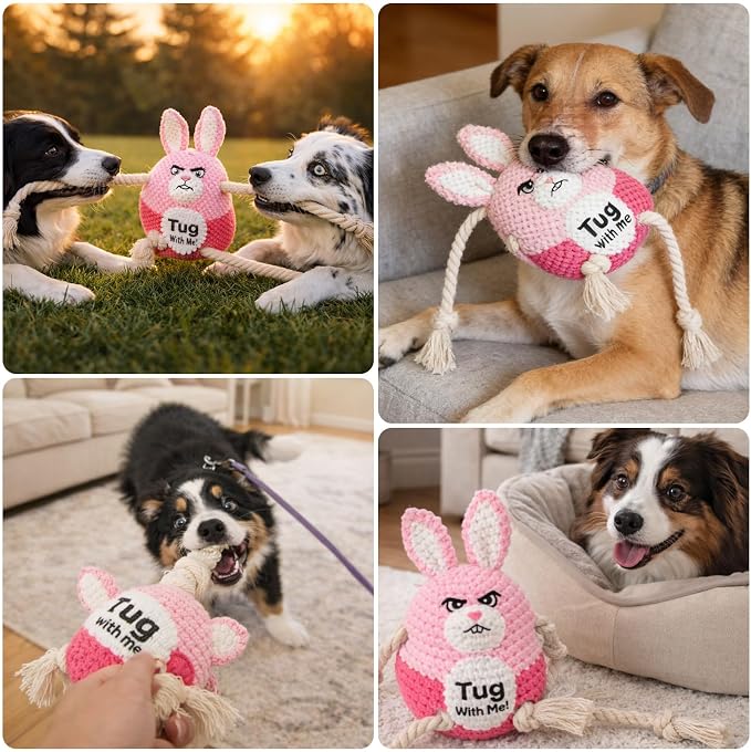 BABORUI Interactive Dog Toys, Easter Squeaky Dog Rope Toys with Recording and Music Modes, Dogs Tug Toy for Small/Medium/Large Dogs to Keep Them Busy (Pink Bunny)