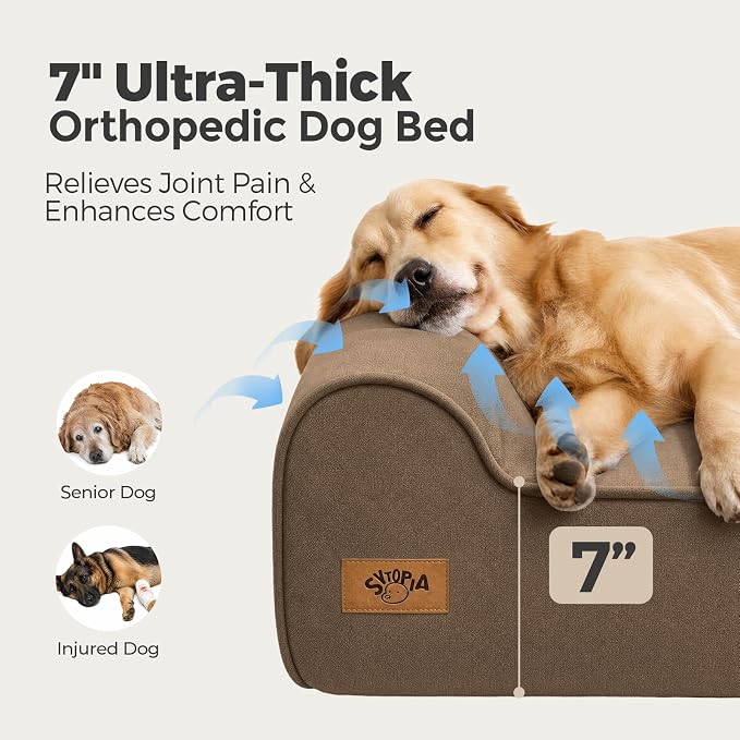 Sytopia XL 35D Memory Foam Dog Bed for Large Dogs – 7" Thick Orthopedic Pet Couch for Seniors and Big Breeds up to 120 Pounds, with Water-Resistant Liner & Washable Cover, Brown