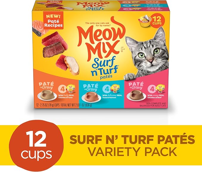 Meow Mix Paté in Gravy Wet Cat Food Variety Pack, Surf n’ Turf Patés 2.75 Ounce (Pack of 48)