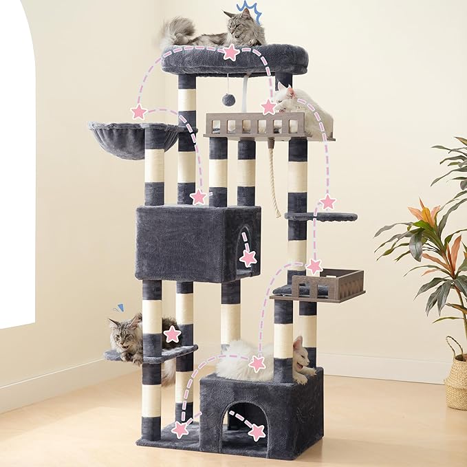 Gitelsnour Maine Coon Cat Tree, Heavy Duty Cat Tree for Indoor Cats Large Adult, Cat Tower for Large Cats 20 lbs+ with Hammock, 2 Big Perches, 2 Cat Condos, 15 Scratching Posts, Smoky Gray GCT033G