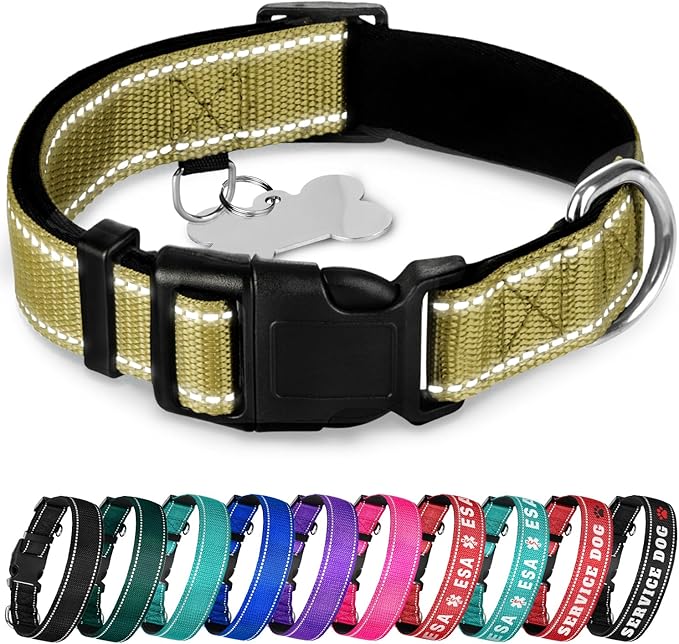 TECEUM Reflective Dog Collar – Olive – XL – Extra Soft Padding – Basic Nylon Pet Collar – Quick Release Buckle – Fits Small, Medium and Large Dogs, Puppies, Cats – ESA & Service Dog Options