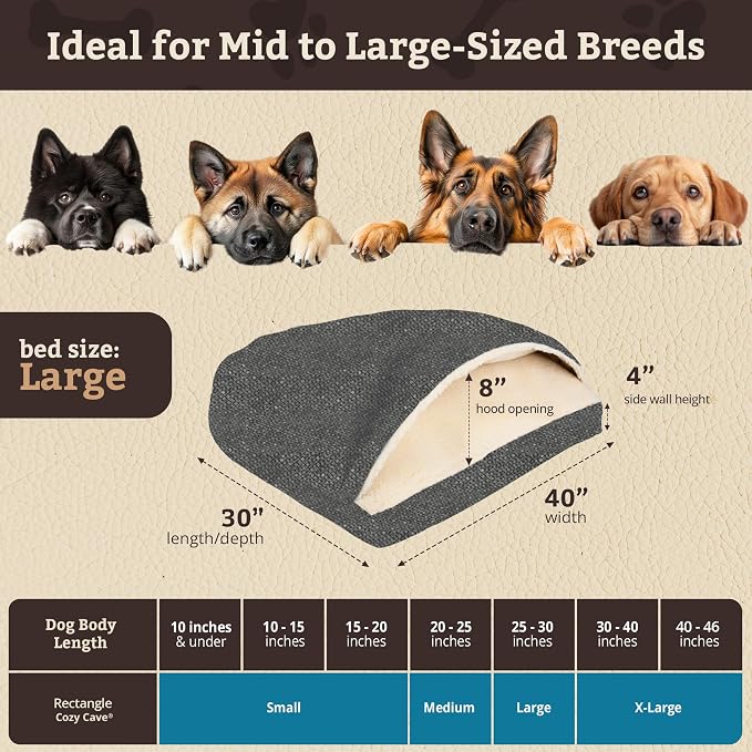 Snoozer Rectangle Cozy Cave Dog Bed - Indoor Dog Bed with Cover Cave, Covered Calming Burrow for Medium & Large Sized Pets with Blanket Attached, Enclosed, Washable Cover - Large, Merlin Pewter