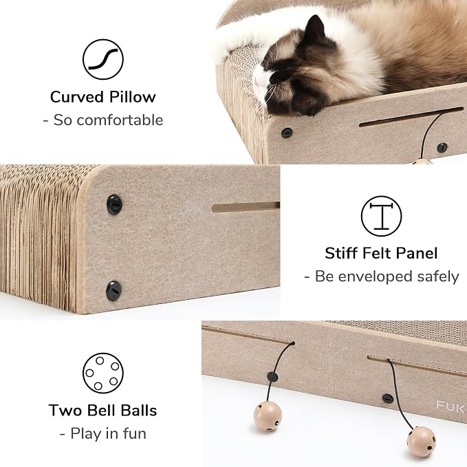 FUKUMARU 26 Inch Cat Scratcher Bed, 2 Reversible Cardboard Cat Scratch Pads Refill for Indoor Cats, Durable Large Cats Scratching Bed Sofa Couch Lounger with Fun Toys, Furniture Protector, Beige