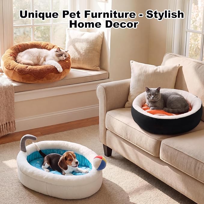 Cat Bed for Indoor Cats, 21" Washable Round Pet Bed for Cats & Small Dogs, Sushi Soft Fluffy Calming Bed for Kitten and Puppy with Anti-Slip Base