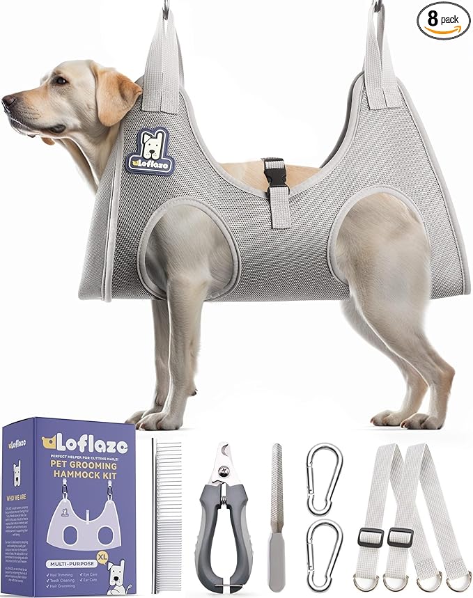 Loflaze Dog Grooming Hammock Harness for Dogs & Cats with Pet Nail Clipper Trimmer - Cat Hanger Sling for Trimming Clipping Nails- Dog Hammock Restraint Bag for Small Medium Large pet （ Grey XL ）