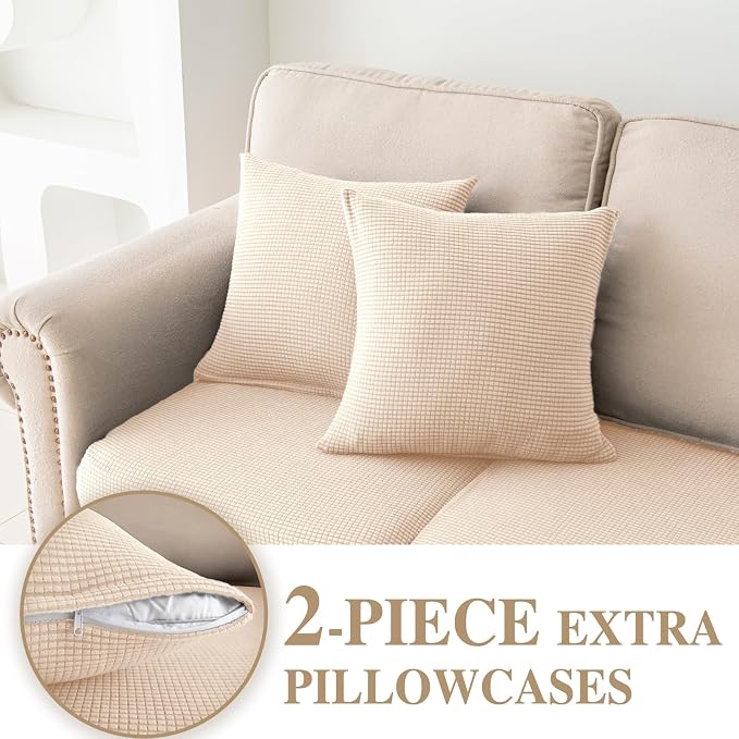 LA MEACK Couch Cushion Covers for Sectional Sofa L Shape Washable Separate Seat Chaise Couch Cover Stretch Sofa Slipcovers with 2 Pcs Pillowcases(3 Seater + 1 Chaise, Natural)