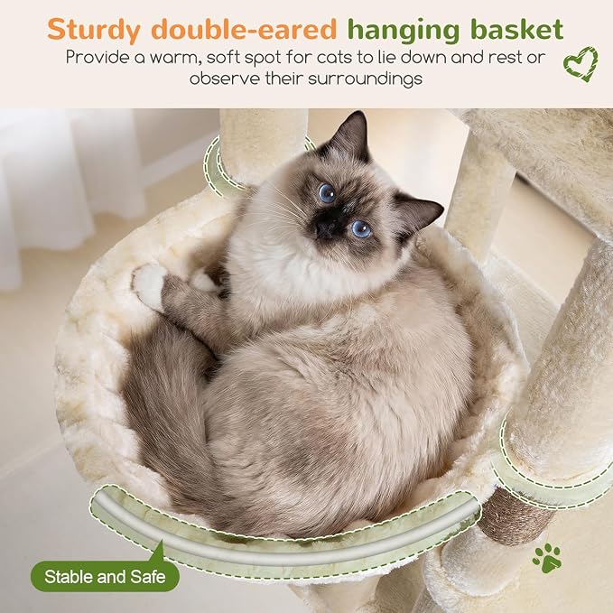 Globlazer Heavy Duty Cat Tree, 73inch Sturdy Cat Tower with Scratching Post for Indoor Multiple Cats, Maine Coon Cat Tree with Cat Perch, Basket, Cat Condo for Adult Cats Kittens, F73C, Beige