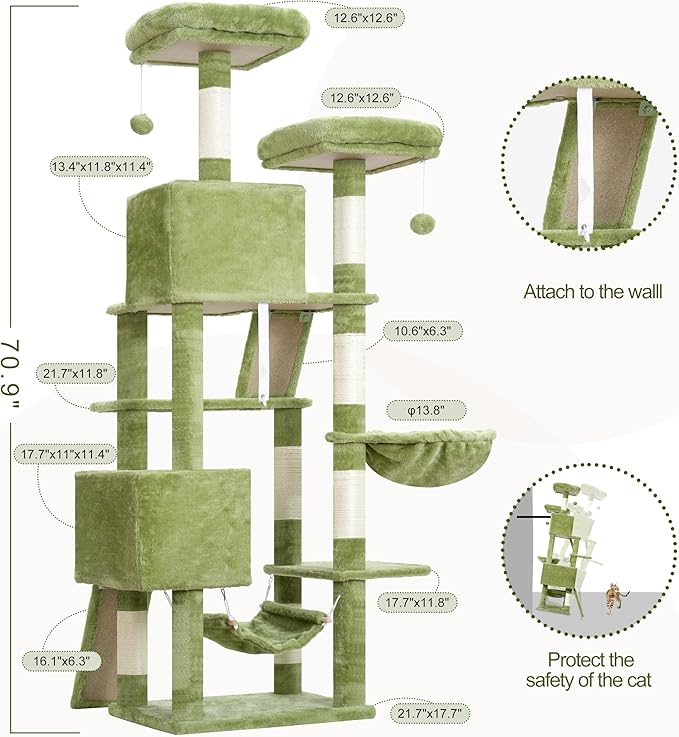 Gitelsnour Cat Tree for Indoor Cats, 71'' (180cm) Multi-Level Cat Tower for Large Adult, Sturdy Cat Tree House with 2 Scratching Boards 7 Posts, 2 Plush Perches/Condos, Hammock, Green GCT032GR