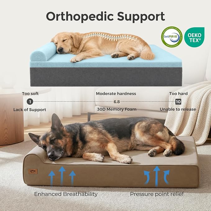 Sytopia XL 35D Memory Foam Dog Bed for Large Dogs – 7" Thick Orthopedic Pet Couch for Seniors and Big Breeds up to 120 Pounds, with Water-Resistant Liner & Washable Cover, Brown