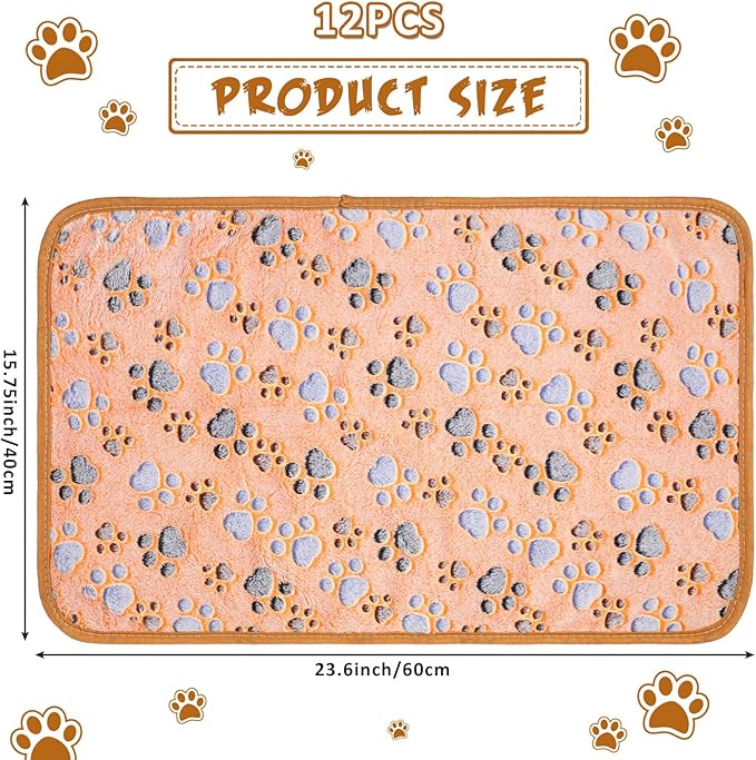 Tegeme 12 Pcs Pet Blankets 23 x 16 Inch Soft Fluffy Fleece Dog Cat Warm Paw Print Pattern Blankets Flannel Throw for Pets Dog Puppy Cat(Dark Gray, White, Camel)