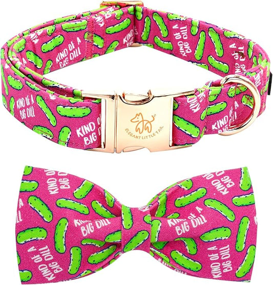 Elegant little tail Dog Collar, Dill Pickles Print Pet Collars with Bow Soft Cutton Boy Puppy Gift Adjustable Pink Bowtie Dog Collar for Medium Dogs