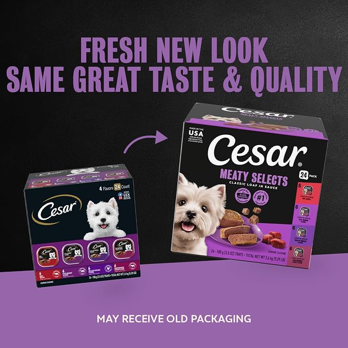Cesar Classic Loaf in Sauce Wet Dog Food, Beef Recipe, Filet Mignon Flavor, Grilled Chicken Flavor, and Porterhouse Steak Flavor, 3.5 oz. Easy Peel Trays, Variety Pack (24 Count, Pack of 1)