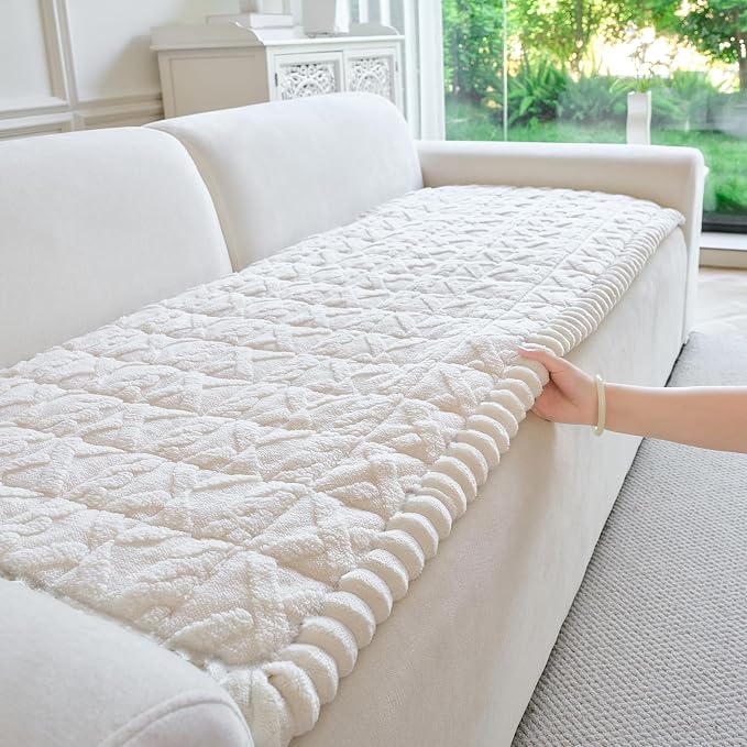 Fuzzy Couch Covers for Dogs, Non Slip Thick Dog Couch Cover Protector, Plush Pet Couch Covers for Sofa Washable, Soft Sofa Cushion Slipcovers Pet Friendly(1PC, Beige White, 27.6”x59.1”)