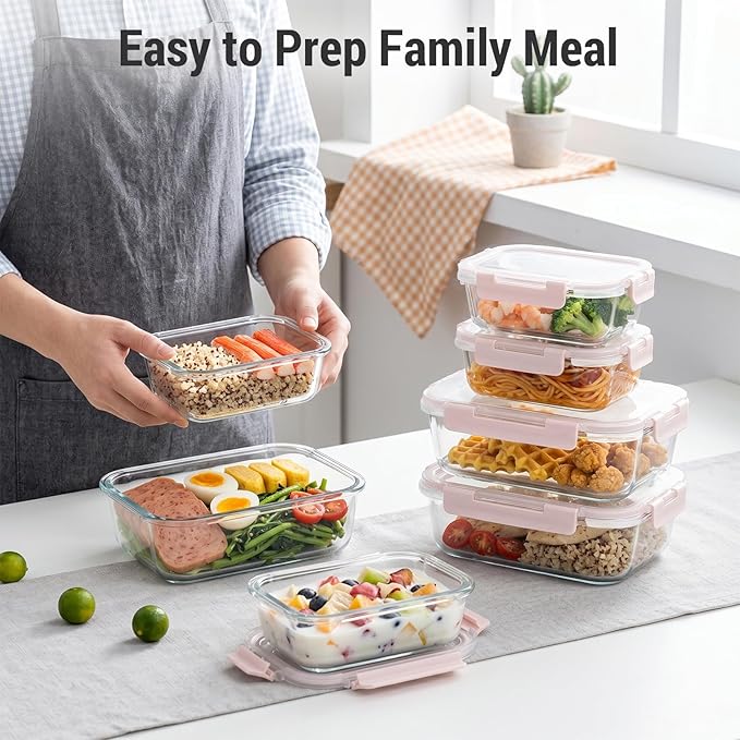 Dealusy 10 Sets (20-Piece) 4.5 Cup & 1.5 Cup Glass Food Storage Containers with lids, Airtight Leak-proof Glass Meal Prep Containers with Lids, Microwave Oven Freezer Dishwasher Safe, Pink