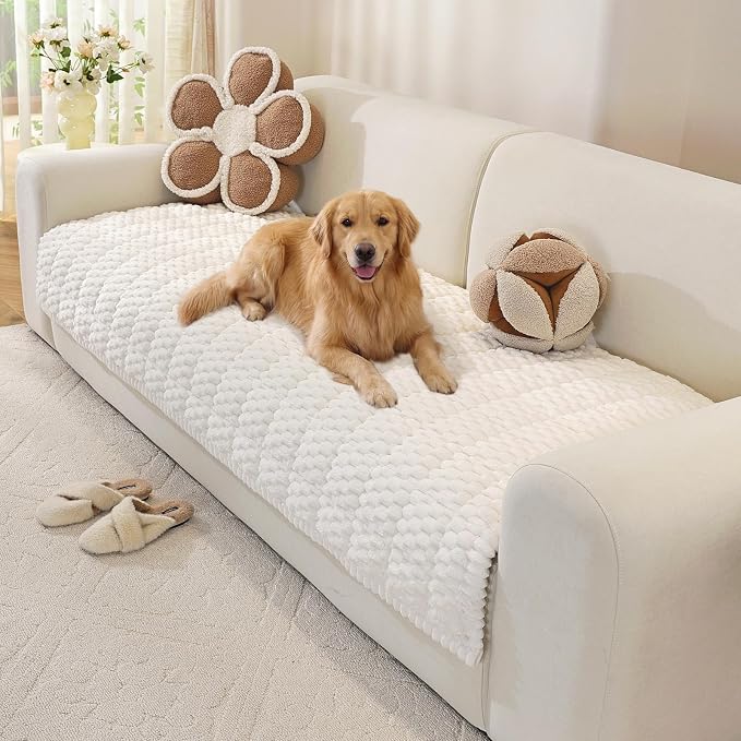 OstepDecor Couch Cover for Dogs, Washable Non Slip Sofa Cover for Pets, Soft Couch Covers for Sofa, Loveseat and Sectional, Furniture Protector Against Pet Hair & Scratches (35.4" x 63", White)
