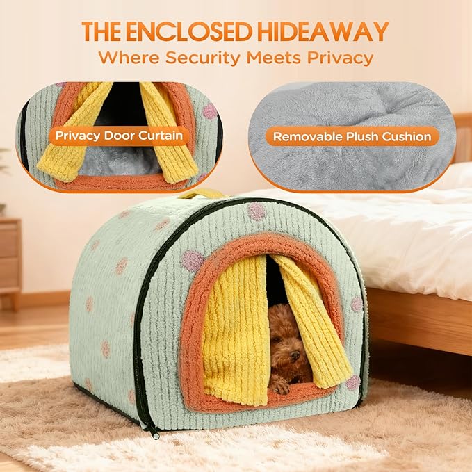 Dog House Indoor for Small Dogs, 2-in-1 Enclosed Dog Bed with Cover Cave & Curtain, Dog Tent with Plush Washable Cushion, Inside Dog House for Pets Under 17 lbs(Green, Medium)