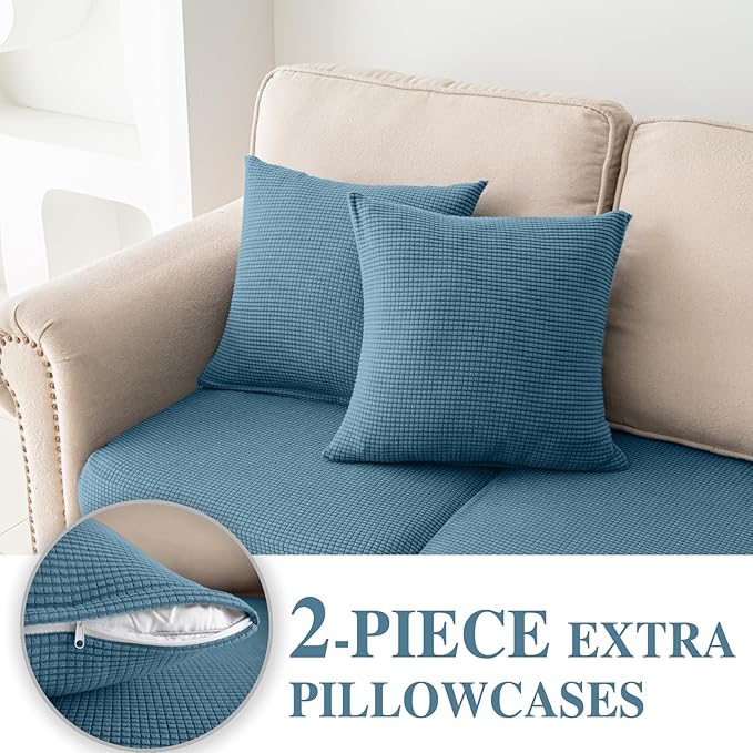 LA MEACK Couch Cushion Covers for Sectional Sofa L Shape Washable Separate Seat Chaise Couch Cover Stretch Sofa Slipcovers with 2 Pcs Pillowcases(2 Seater + 1 Chaise, Blue)