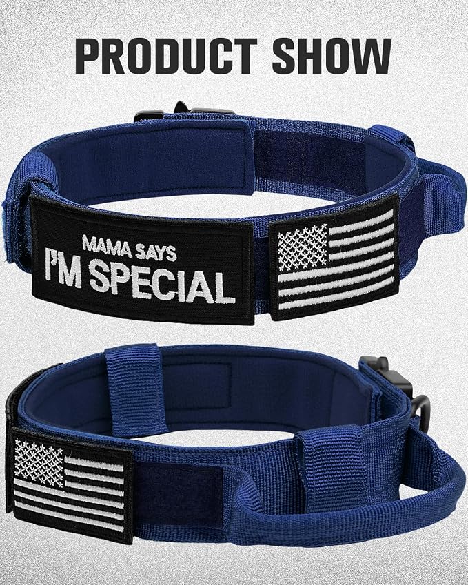 Joytale Tactical Dog Collar with Handle and Metal Buckle, Heavy Duty Padded Military Collar with 2 Patches for Training, Adjustable for XLarge Dogs, Navyblue, XL