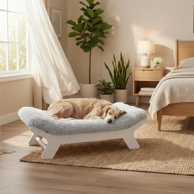 Muihood Wood Elevated Dog Bed Frame and Egg Crate Foam Mattress, Luxurious Suitable for Pets Up to 110 lbs, White, XL