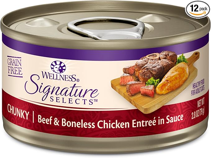 Wellness CORE Signature Selects Chunky Adult Canned Wet Cat Food, Natural, Protein Rich, Grain Free, Beef and Chicken Entrée Recipe, 2.8 oz, Pack of 12 Cans
