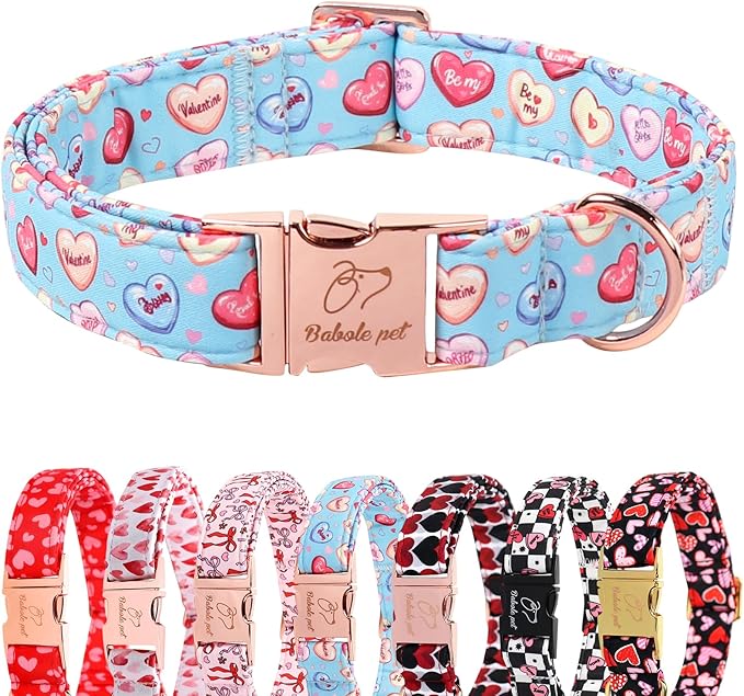 Valentines Dog Collar for Medium Dogs - Cute Blue Heart Pattern Puppy Collar Sweet Valentine Adjustable Heavy Duty Pet Collar with Metal Buckle M