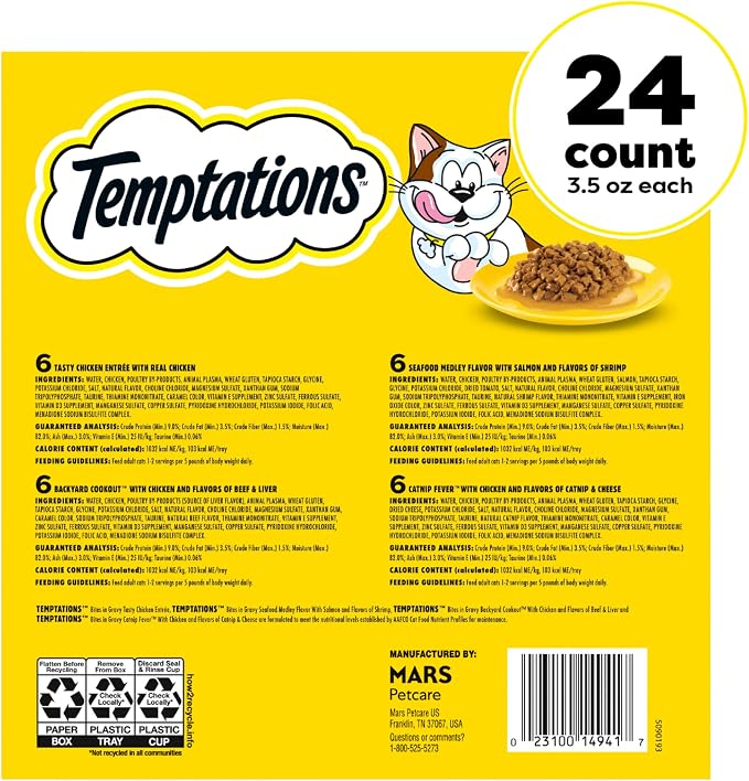 Temptations Bites in Gravy Adult Wet Cat Food Tasty Chicken Entree, Seafood Medley, Backyard Cookout, and Catnip Fever, 3.5 oz. Trays (24 Count, Pack of 1)